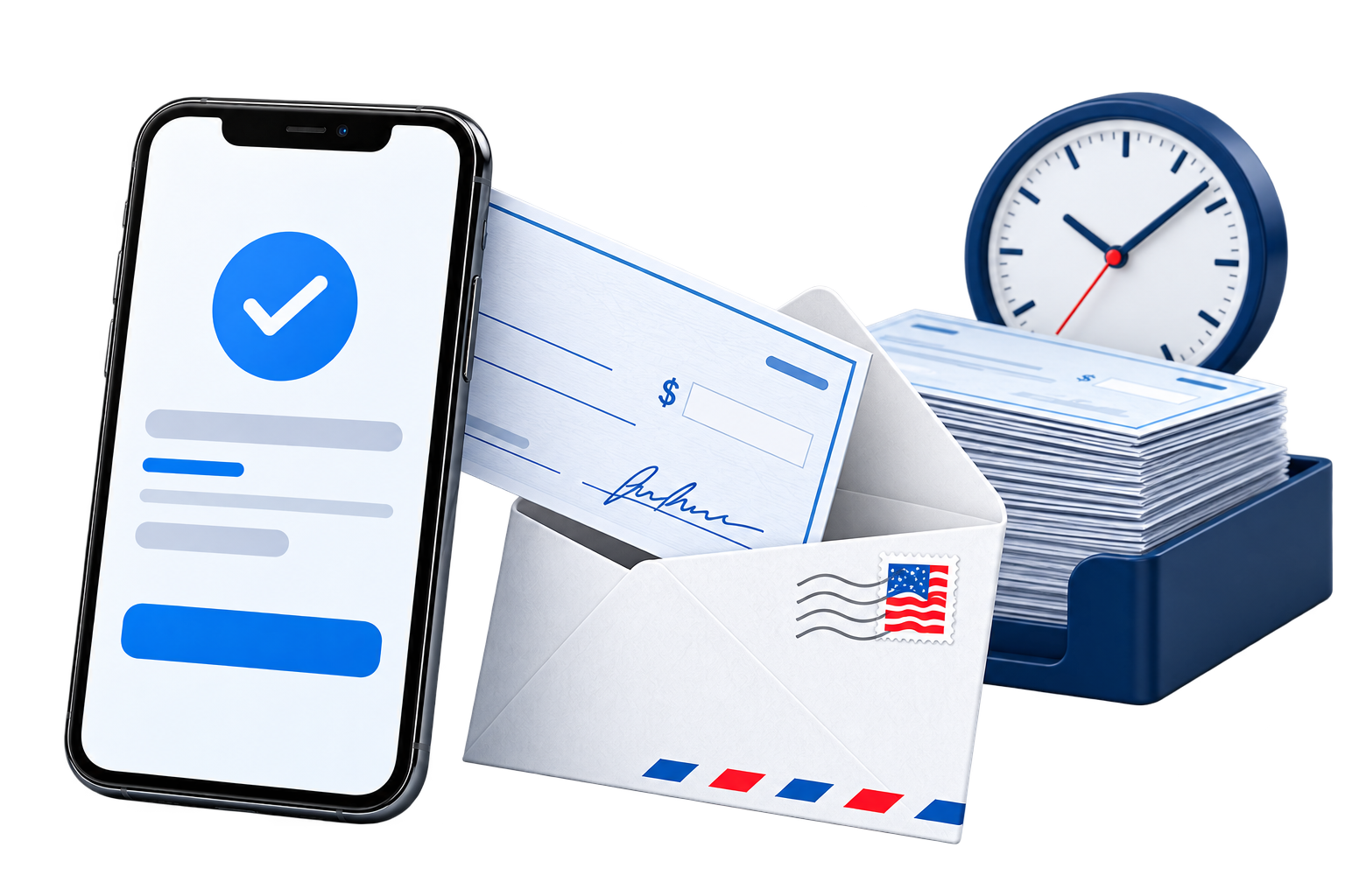 Online payment confirmation becoming a mailed paper check, with a clock and stack of checks representing processing delays.